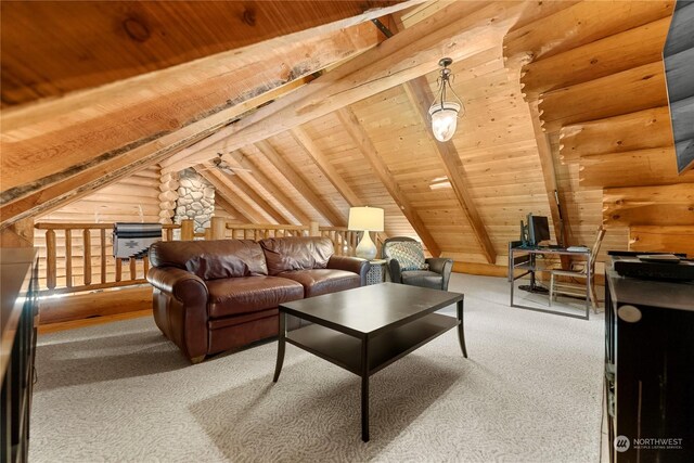 living area featuring wooden ceiling, lofted ceiling with beams, and carpet flooring