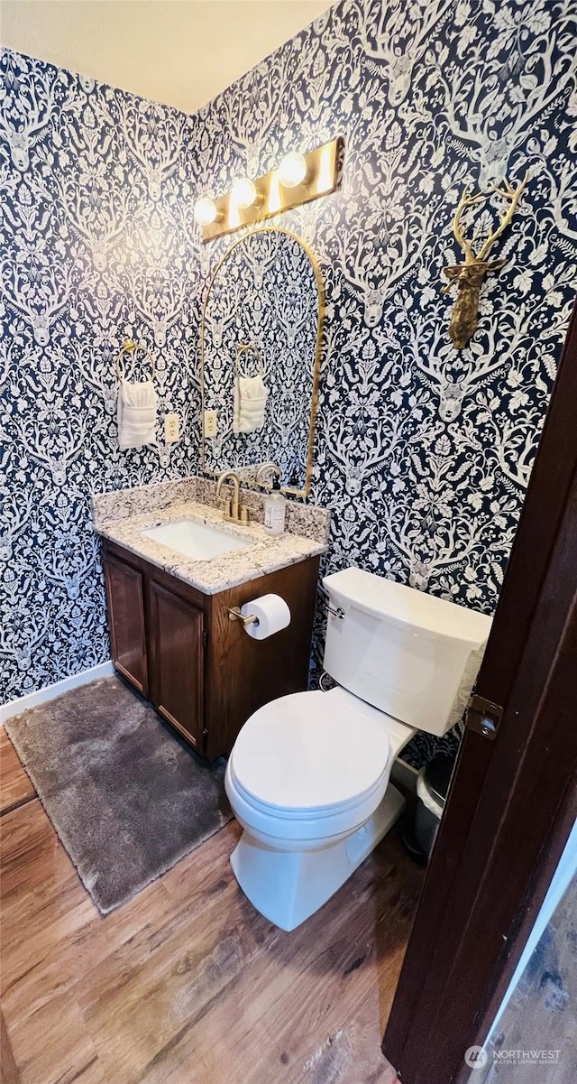 bathroom featuring wood-type flooring, vanity, and toilet