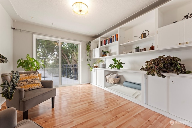 living area featuring light hardwood / wood-style flooring and a textured ceiling