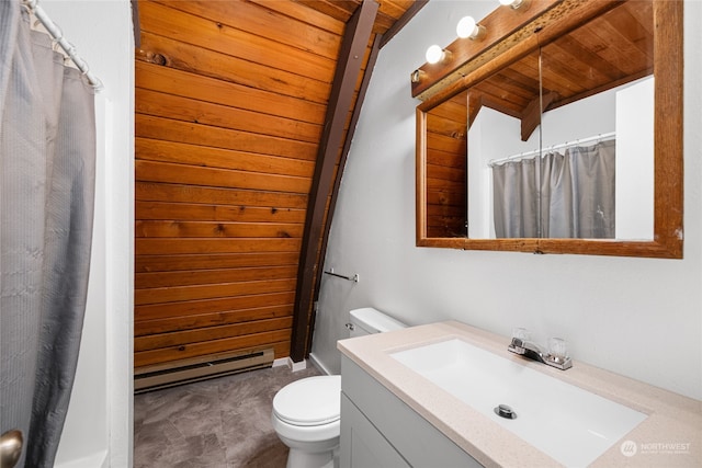 full bath featuring wood ceiling, baseboard heating, toilet, vanity, and curtained shower
