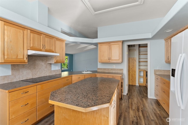 kitchen featuring black electric stovetop, light brown cabinets, a sink, a kitchen island, and under cabinet range hood