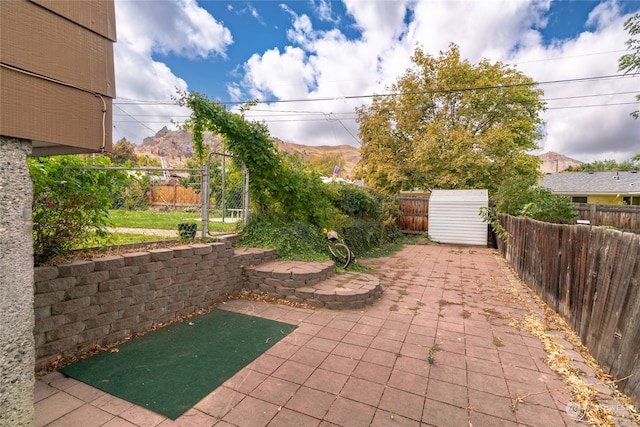 view of patio with a mountain view