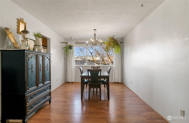 dining space with hardwood / wood-style flooring, a textured ceiling, and a chandelier