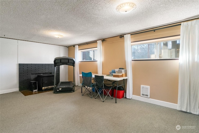 exercise room featuring carpet floors, a textured ceiling, and a wood stove