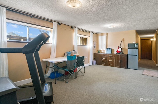 interior space with light carpet and a textured ceiling