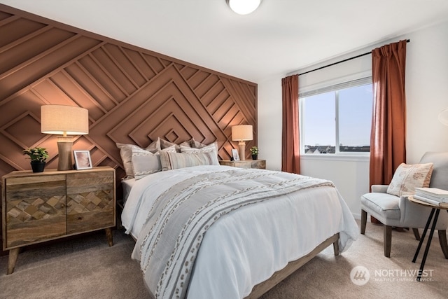 bedroom featuring wood walls, carpet, and lofted ceiling