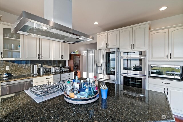 1558 Fairview St, Bellingham, WA 98229 - kitchen with range hood, stainless steel appliances, white cabinetry, and recessed lighting