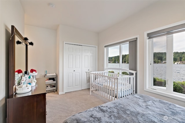 bedroom with a water view, a closet, and light carpet