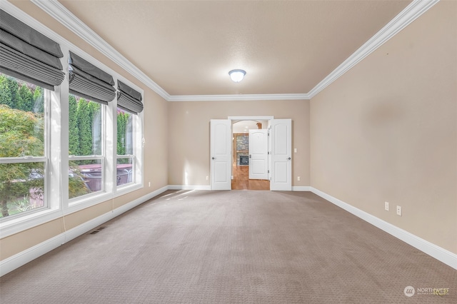 spare room featuring crown molding and carpet flooring