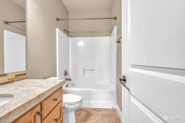 full bathroom with vanity, toilet, bathtub / shower combination, and tile patterned flooring