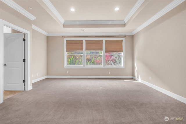 unfurnished room featuring crown molding, light colored carpet, and a tray ceiling