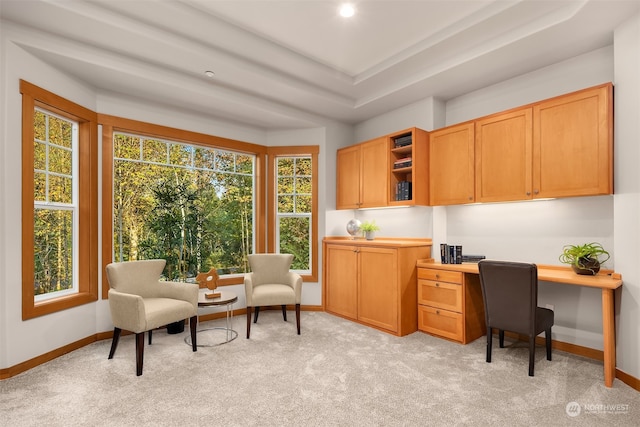 office featuring built in desk, a tray ceiling, and light colored carpet