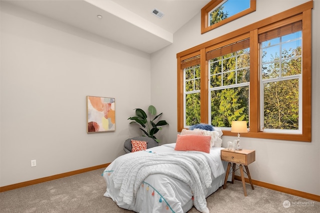 carpeted bedroom featuring lofted ceiling and multiple windows