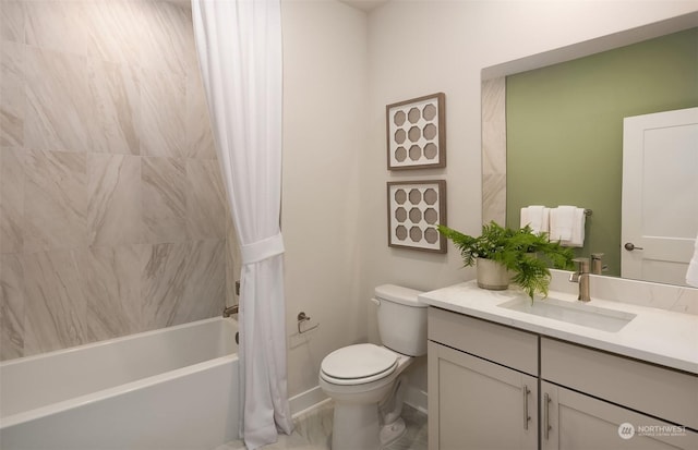 full bathroom with vanity, shower / bath combination with curtain, and toilet