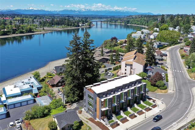 aerial view with a water and mountain view