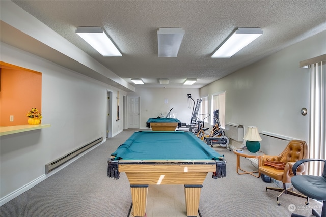 playroom with a textured ceiling, baseboard heating, pool table, and carpet flooring