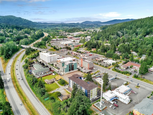 drone / aerial view featuring a mountain view