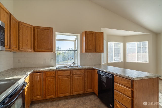 kitchen with lofted ceiling, black dishwasher, sink, kitchen peninsula, and electric stove