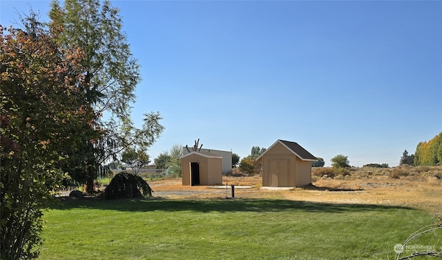 view of yard featuring a storage unit