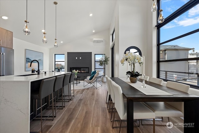 dining area with sink, hardwood / wood-style floors, high vaulted ceiling, and a wealth of natural light