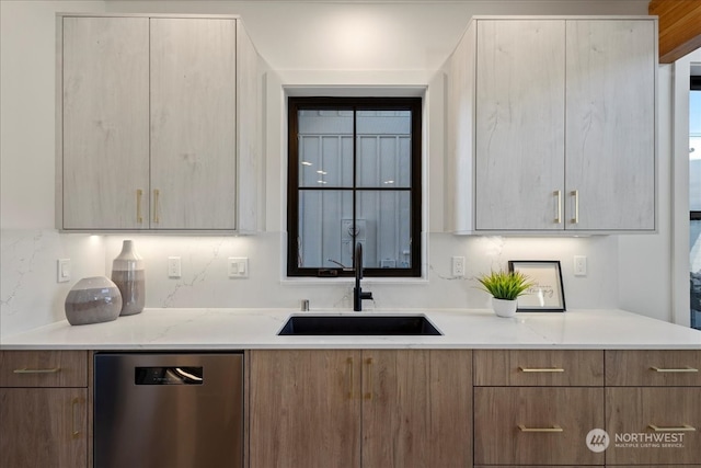 kitchen featuring light stone counters, sink, decorative backsplash, and stainless steel dishwasher