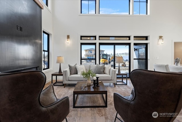 living room featuring a towering ceiling, light hardwood / wood-style floors, and a healthy amount of sunlight