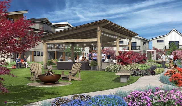 view of property's community featuring a yard and an outdoor living space with a fire pit