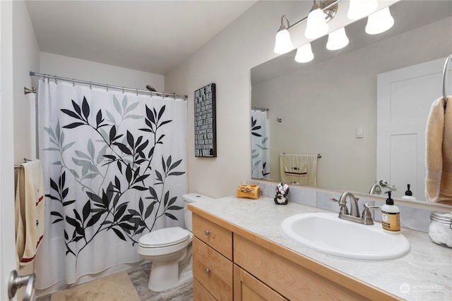 bathroom featuring vanity, toilet, and a shower with shower curtain