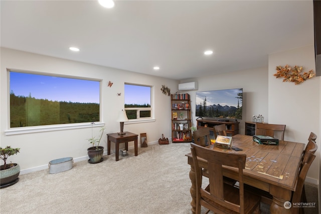 dining room featuring carpet floors and a wall mounted air conditioner