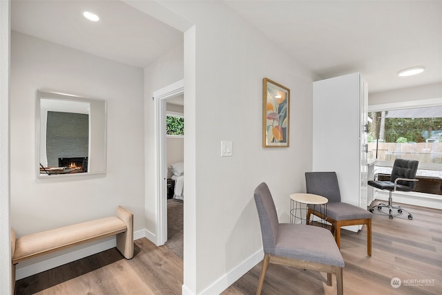 living area with light hardwood / wood-style floors and a large fireplace