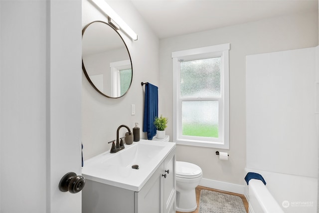 bathroom featuring a bathing tub, toilet, vanity, and wood-type flooring