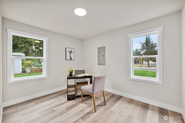 office area featuring electric panel, light hardwood / wood-style flooring, and a healthy amount of sunlight