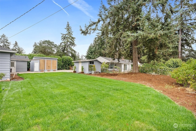 view of yard featuring a storage shed