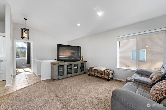 260 Chestnut St, Chelan Falls, WA 98817 - carpeted living area featuring recessed lighting, lofted ceiling, tile patterned flooring, visible vents, and baseboards