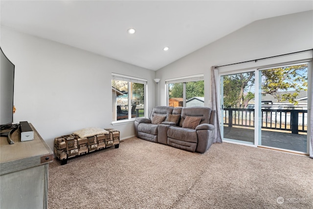 260 Chestnut St, Chelan Falls, WA 98817 - carpeted living area with vaulted ceiling, baseboards, and recessed lighting