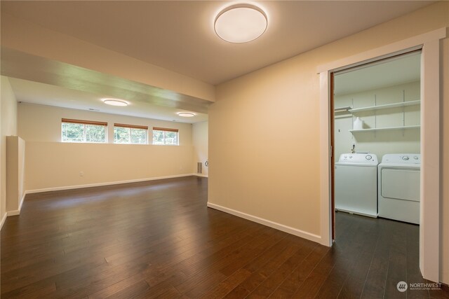 unfurnished room featuring dark wood-type flooring and washer and clothes dryer