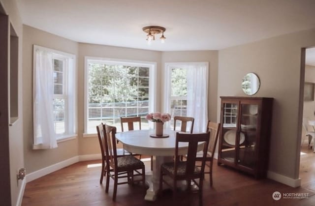 dining space with dark hardwood / wood-style floors