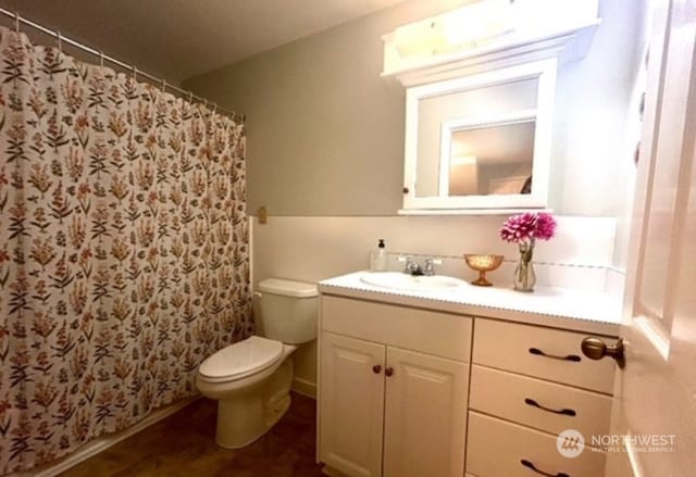 bathroom featuring toilet, vanity, and curtained shower