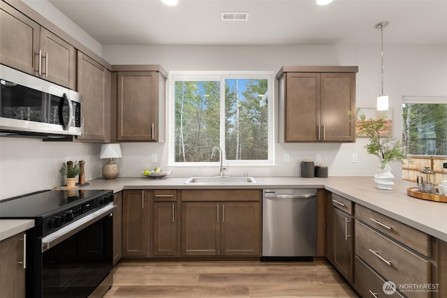 kitchen with a healthy amount of sunlight, light wood finished floors, appliances with stainless steel finishes, and a sink