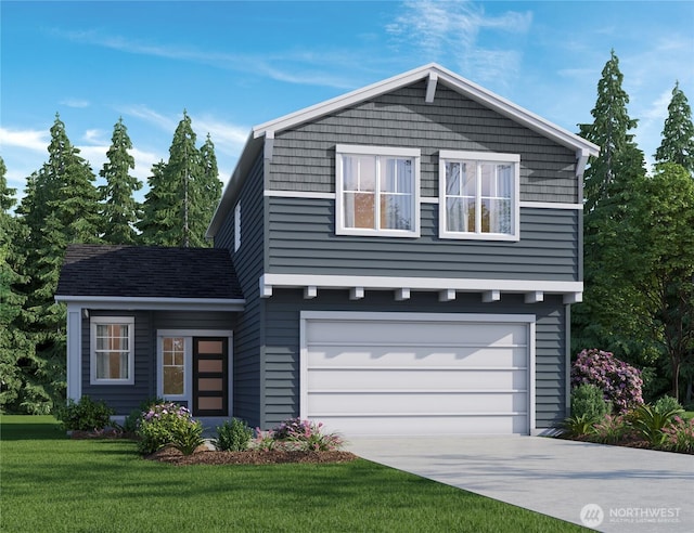 view of front facade with a garage, roof with shingles, driveway, and a front lawn