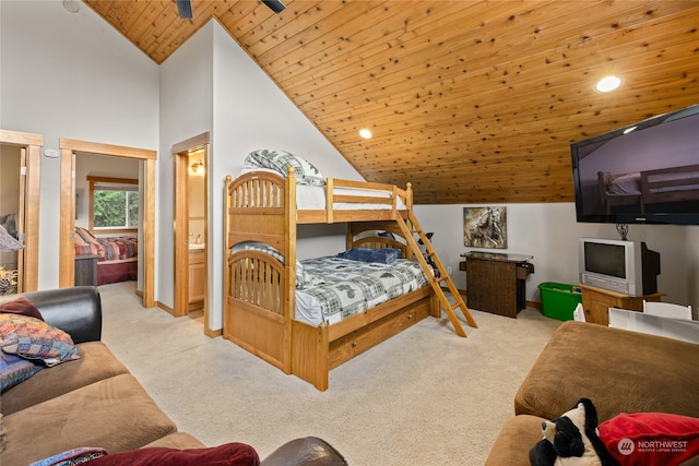 bedroom with high vaulted ceiling, wooden ceiling, light colored carpet, and baseboards