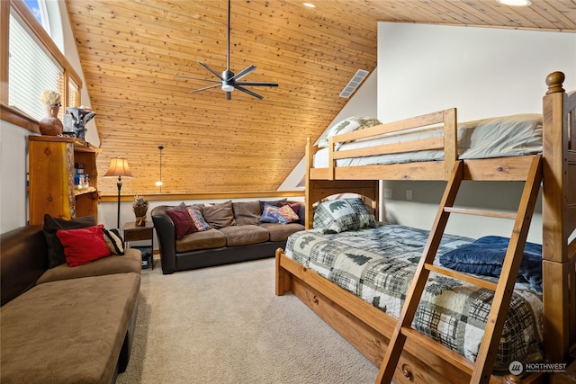 bedroom featuring carpet floors, high vaulted ceiling, and wood ceiling