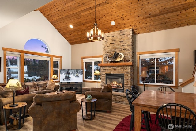 living area featuring wooden ceiling, a fireplace, high vaulted ceiling, and wood finished floors