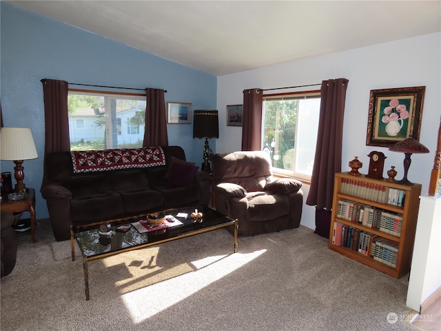 carpeted living room with vaulted ceiling