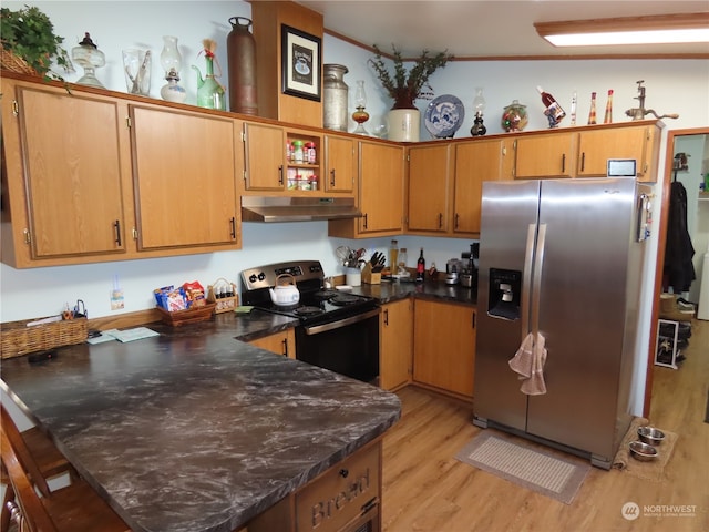 kitchen with appliances with stainless steel finishes and light hardwood / wood-style flooring