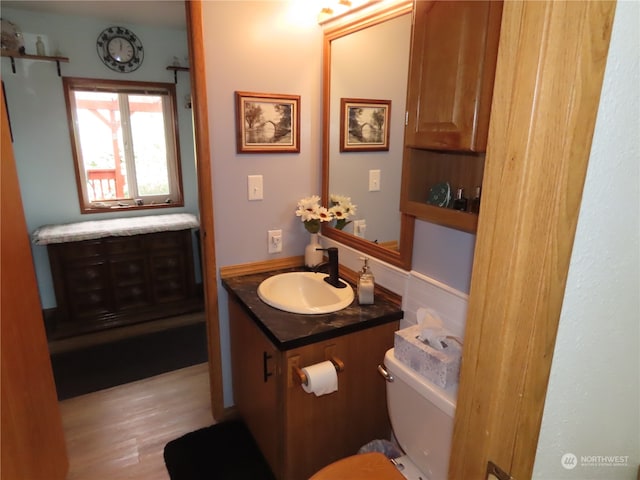 bathroom with hardwood / wood-style floors, vanity, and toilet