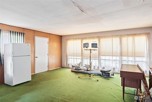 misc room with wooden walls and dark colored carpet