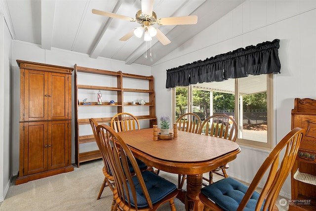 carpeted dining room featuring vaulted ceiling with beams and ceiling fan