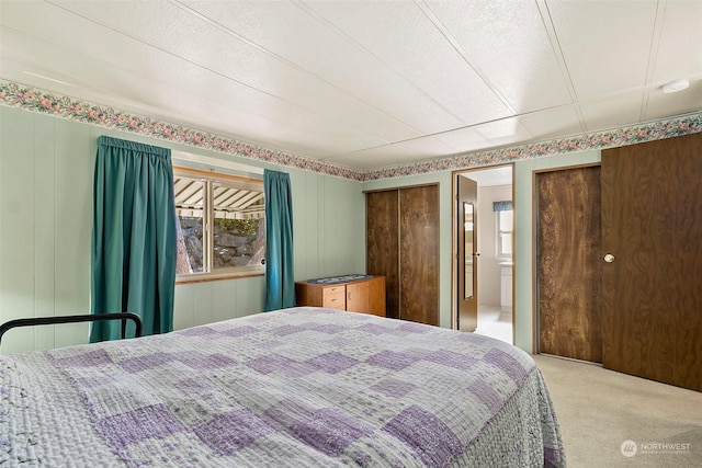 bedroom with carpet flooring and two closets