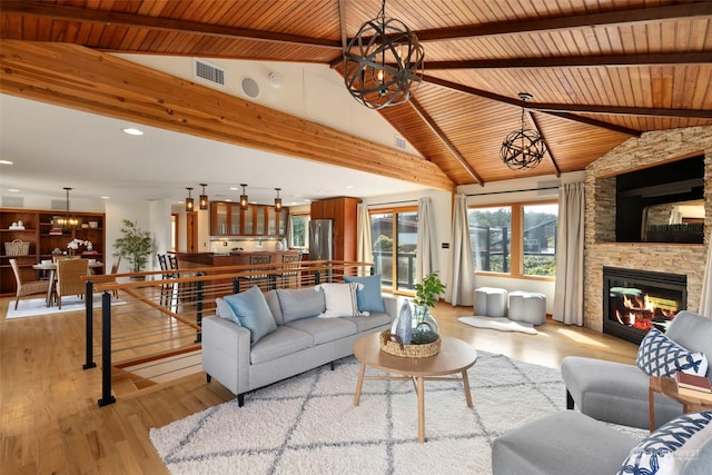 living room featuring light hardwood / wood-style floors, a chandelier, high vaulted ceiling, and wooden ceiling